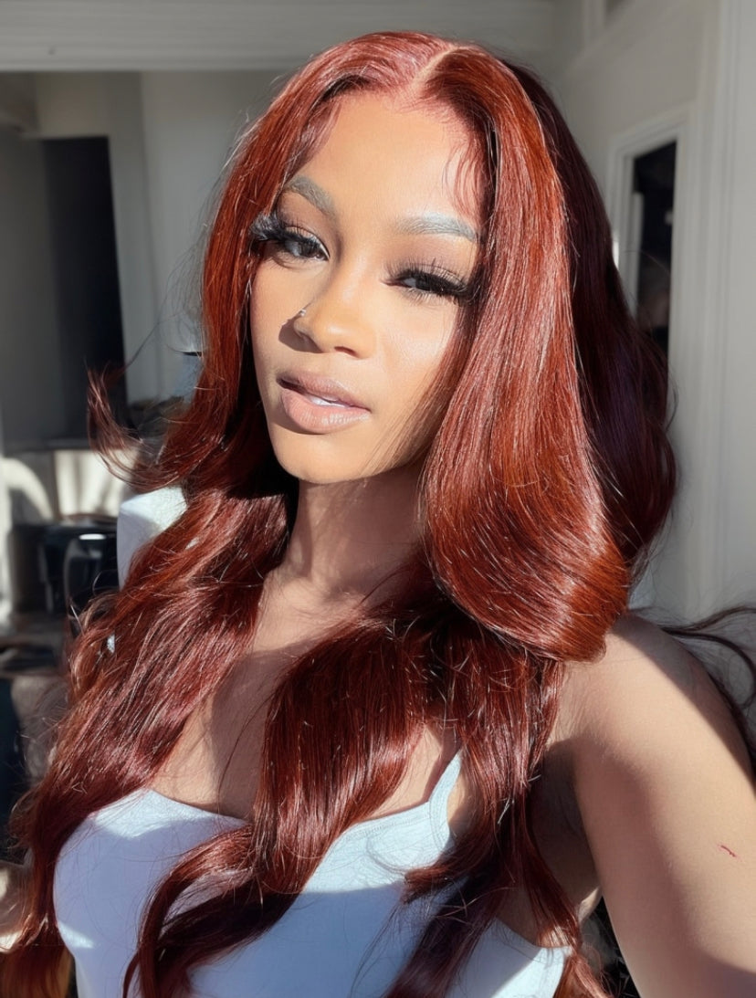 Lushlanes Reddish Brown 13×4 Lace Front Body Wave Transparent Lace Wigs Perfect Color For Women 180% Density