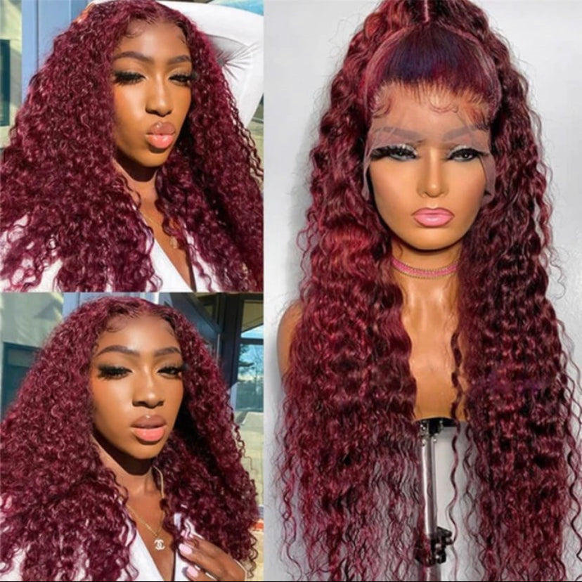 Lushlanes Red Wine Colored 99J Lace Wigs Jerry Curly Wig 150% 13×4 Lace