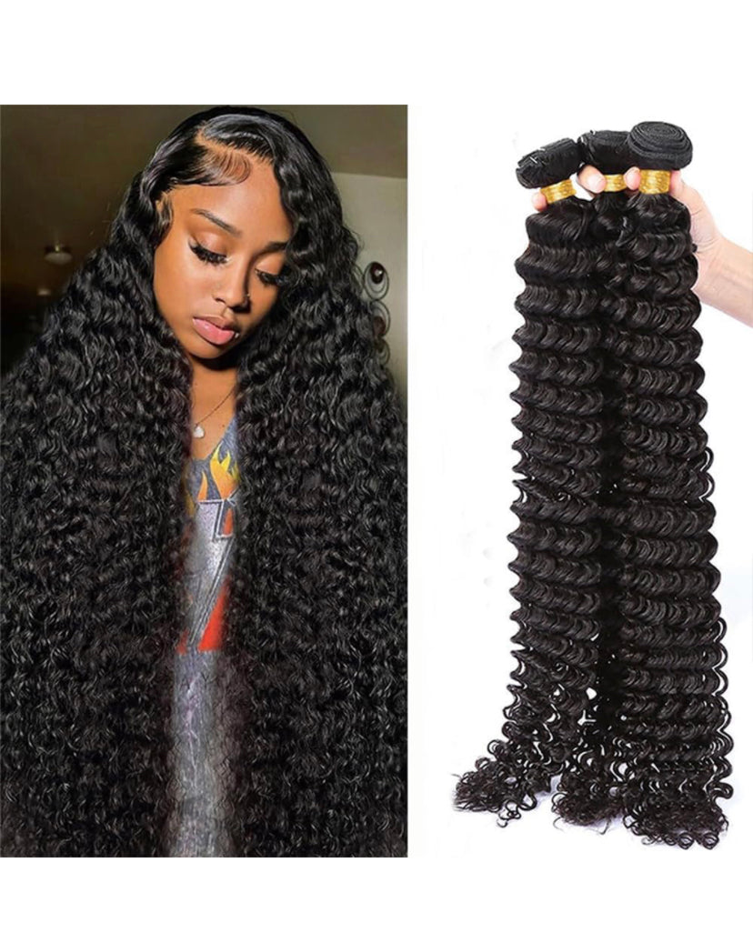 Lushlanes A Deep Wave Bundles Cheveux Humains Brésiliens Deep Wave Bouclés 3 Bundles Cheveux Humains Non Transformés Vierges Humides et Ondulés Bundles Double Trame Deep Wave HairBundles Naturel Noir