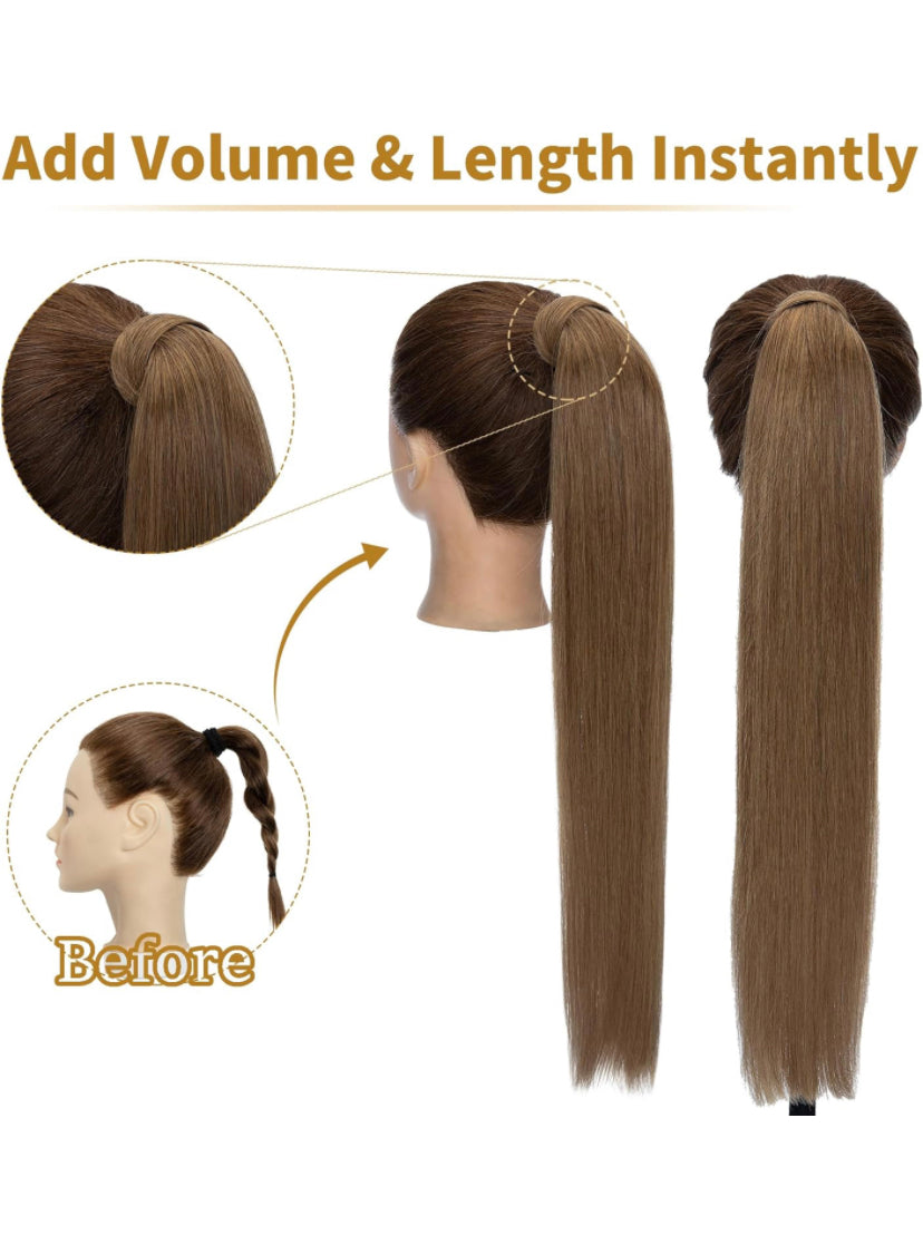 Lushlanes Ponytail Extension Human Hair 100% Real Human Hair Clip In Wrap Around Long Straight Ponytail With Magic Paste Pony Hairpieces for Women