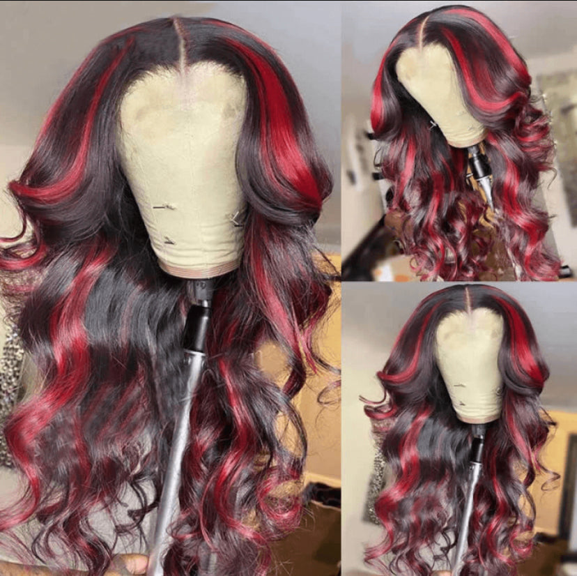 Lushlanes Dark Burgundy With Rose Red Highlights 13×4 Transparent Lace Front Loose Wave Wig 150% Density