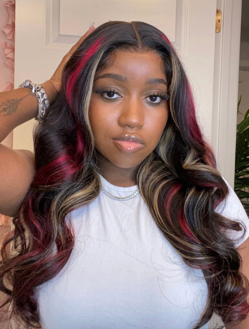 Lushlanes Glueless Lace Red Blonde Highlights
Loose Wave Wig 150%