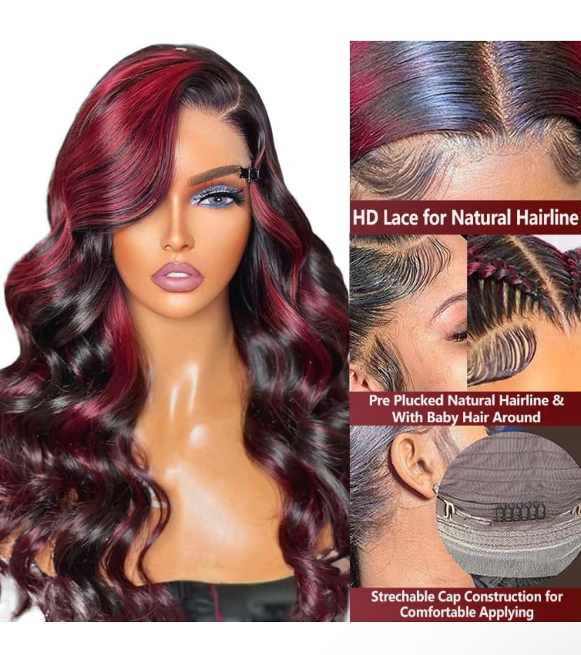 Lushlanes Red With Black Highlights Body Wave Lace Front Wig Human Hair 13X4 HD Lace Front Wig Burgundy Colored Body Wave Wigs Pre Plucked With Baby Hair 180% density