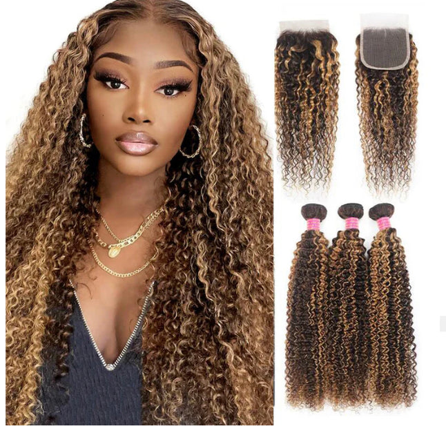 Lushlanes P4/27 Highlight Kinky Curly 3 Bundles
With 4X4 Lace Closure