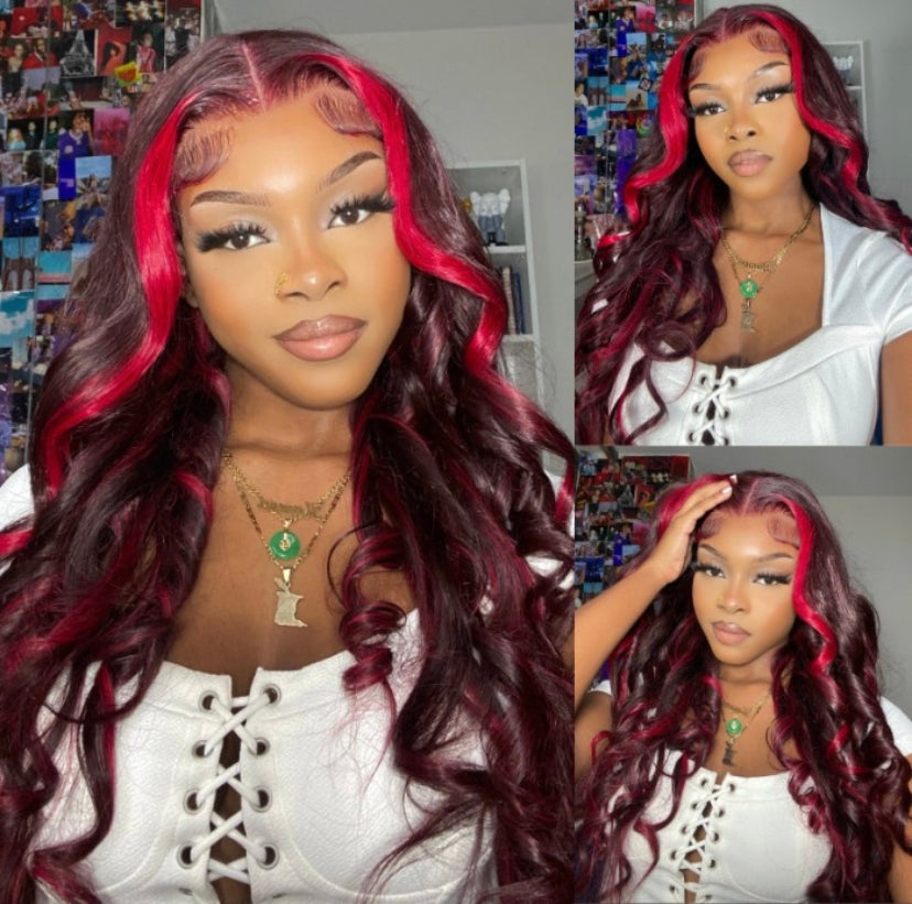 Lushlanes Dark Burgundy With Rose Red Highlights 13×4 Transparent Lace Front Loose Wave Wig 150% Density