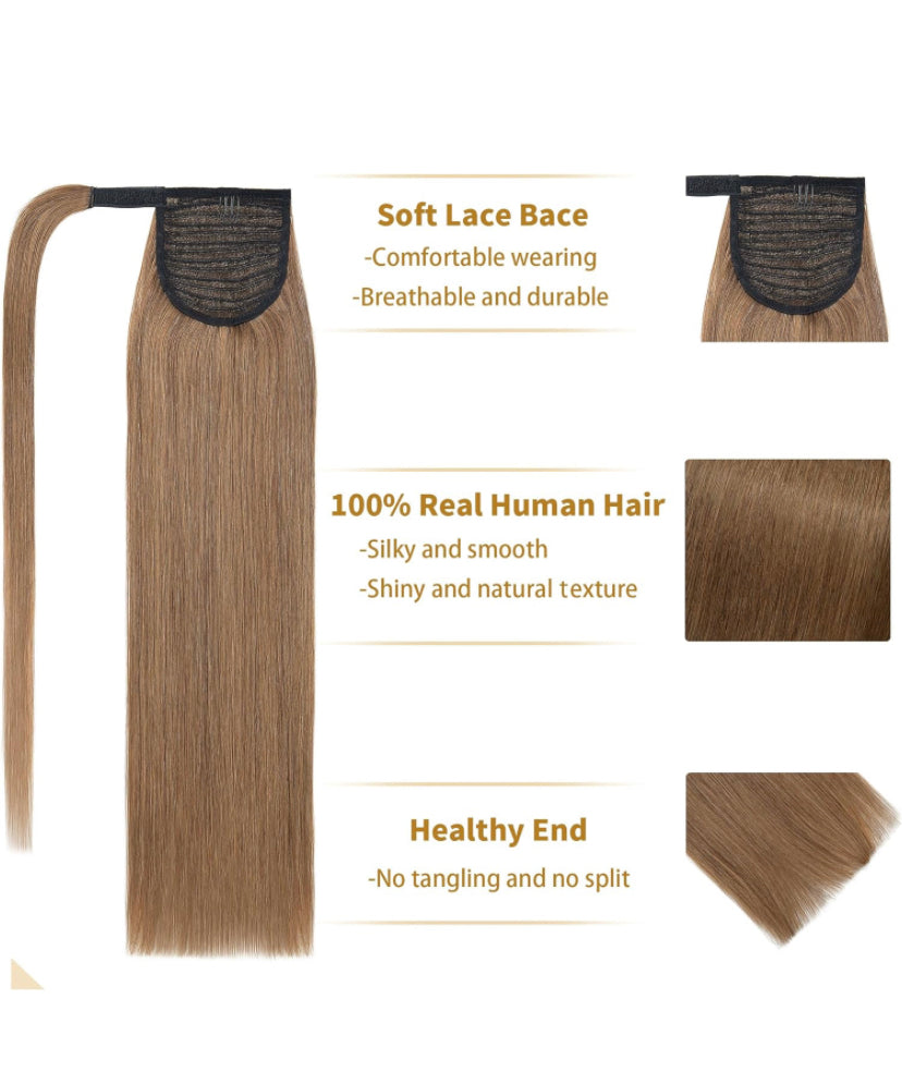 Lushlanes Ponytail Extension Human Hair 100% Real Human Hair Clip In Wrap Around Long Straight Ponytail With Magic Paste Pony Hairpieces for Women