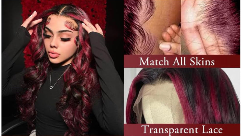 Lushlanes Red With Black Highlights Body Wave Lace Front Wig Human Hair 13X4 HD Lace Front Wig Burgundy Colored Body Wave Wigs Pre Plucked With Baby Hair 180% density