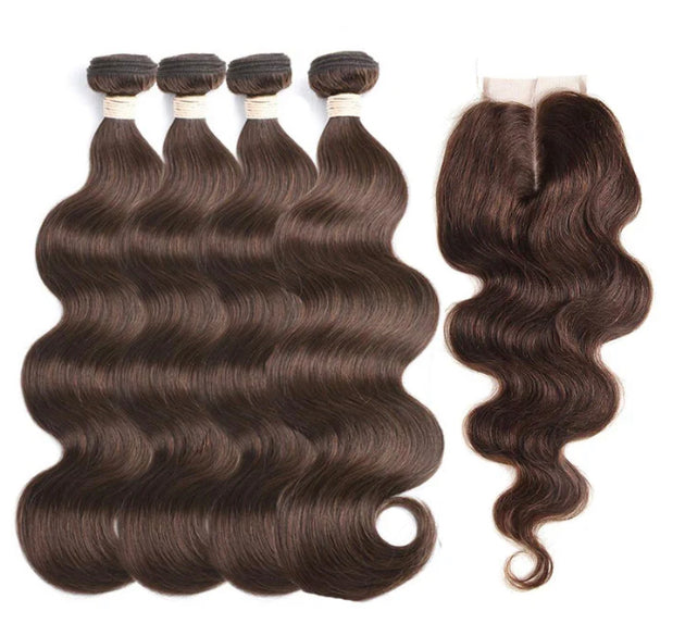 Lushlanes #4 Brown Bod Wave 4 Bundles With 4×4 Lace Closure Pre Colored human hair