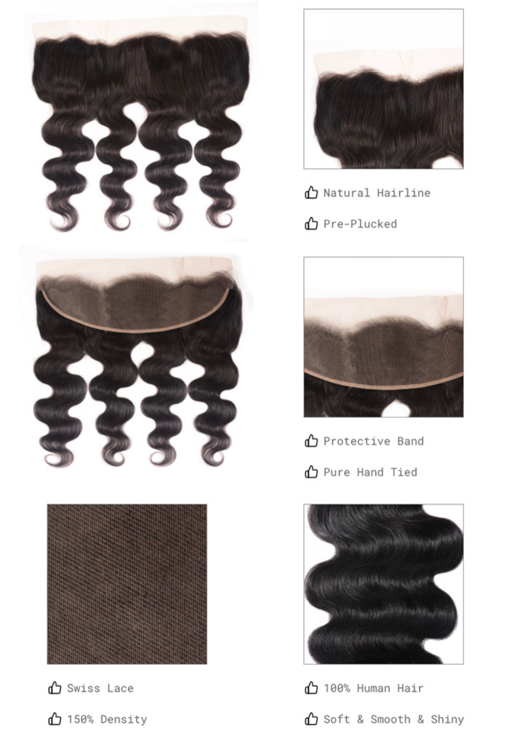 Lushlanes cheveux humains non transformés vague de corps cheveux vierges dentelle frontale 13x4