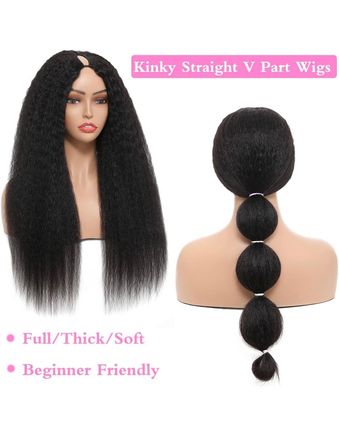 Lushlanes Perruques de cheveux humains V Part pour femmes noires, cheveux crépus raides 12A, cheveux vierges sans dentelle, perruques de cheveux humains, tête complète à clipser, demi-perruque 150 %