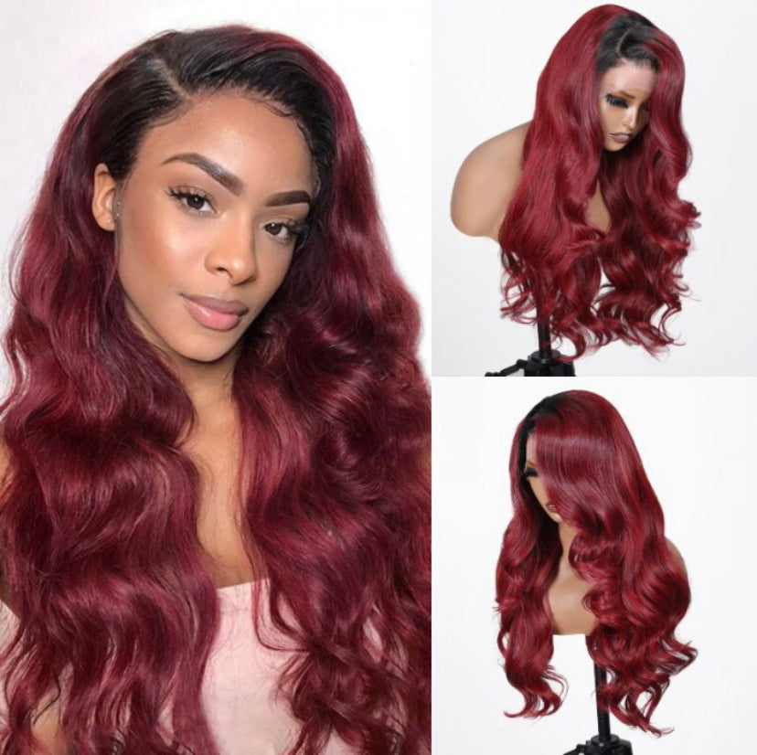 Lushlanes 13×4 Lace Front Burgundy Red With Dark Roots Body Wave Wig 150% Density