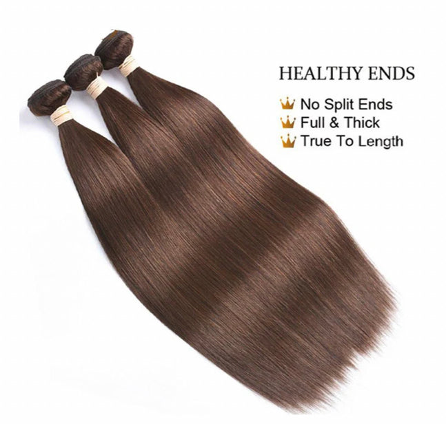Lushlanes #4 Brown Straight Hair 3 Bundles With 13×4 Lace Frontal Pre Colored