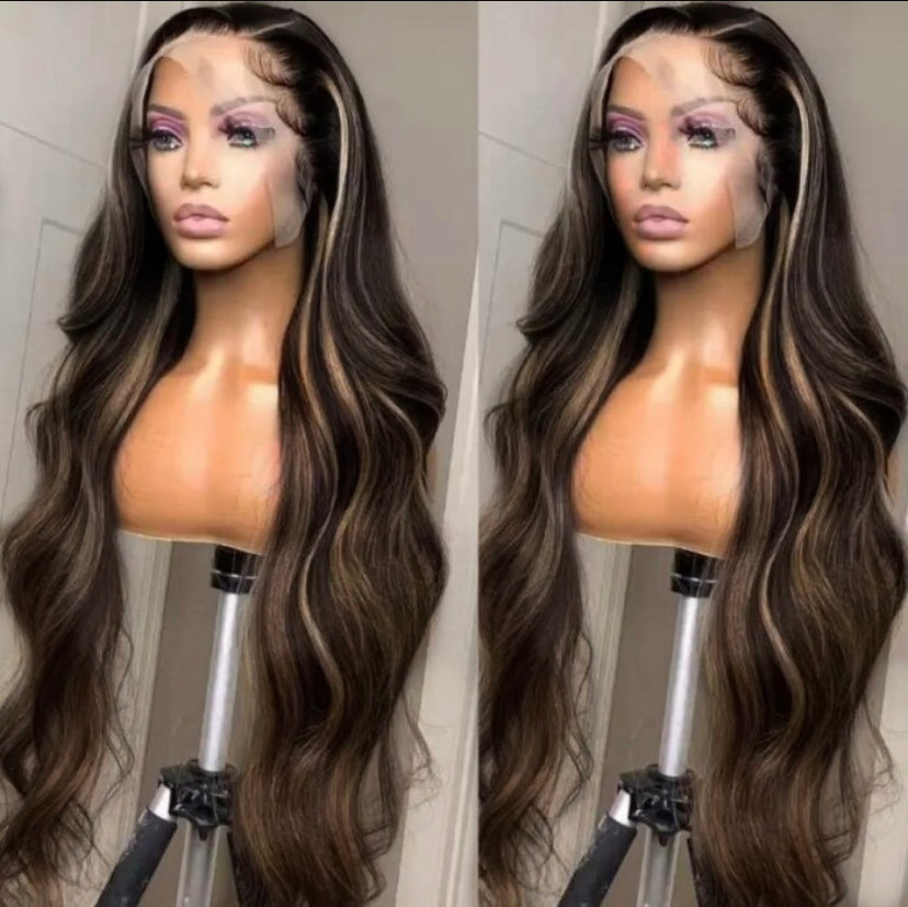 Lushlanes 13x4 Transparent Lace Front Peek A Boo Blonde HighlightsBody Wave Black Wig 150%