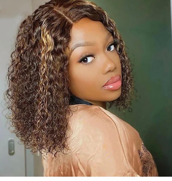 Lushlanes Balayage Blonde Faits Saillants P4/27 Bouclés Bob Perruque Courte Cheveux Humains Avant de Lacet Court Bob Perruques