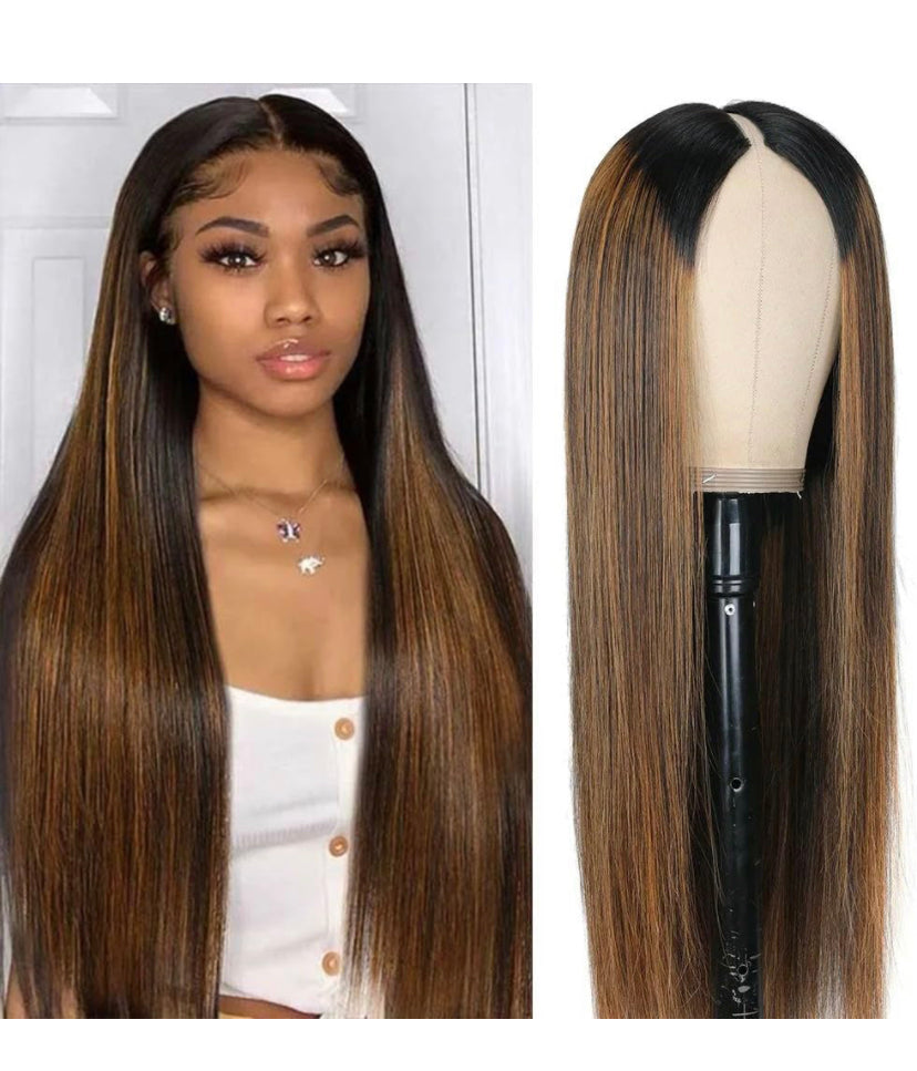 Lushlanes Highlight V Part Wigs Human Hair Straight Brazilian Virgin Human Hair Wigs Ombre Brown 150%