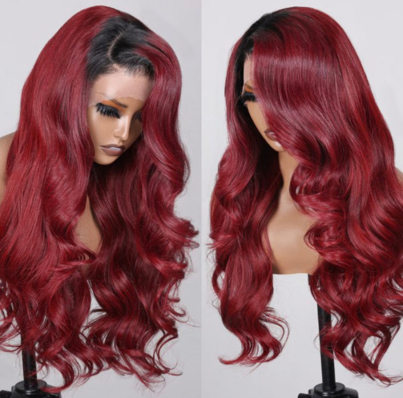 Lushlanes 13×4 Lace Front Burgundy Red With Dark Roots Body Wave Wig 150% Density