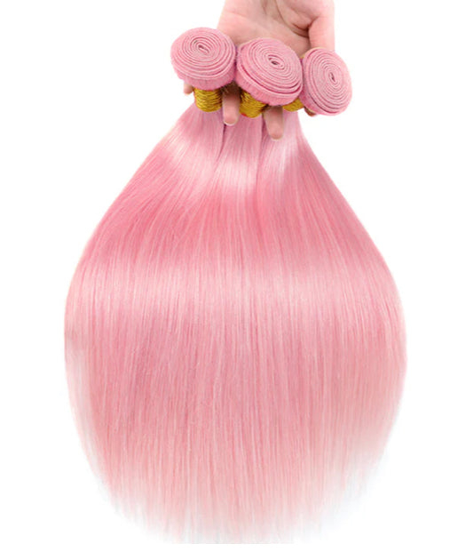 Lushlanes Light Pink Colored Straight 3 Bundles With Frontal 13x4 Brazilian Human Hair