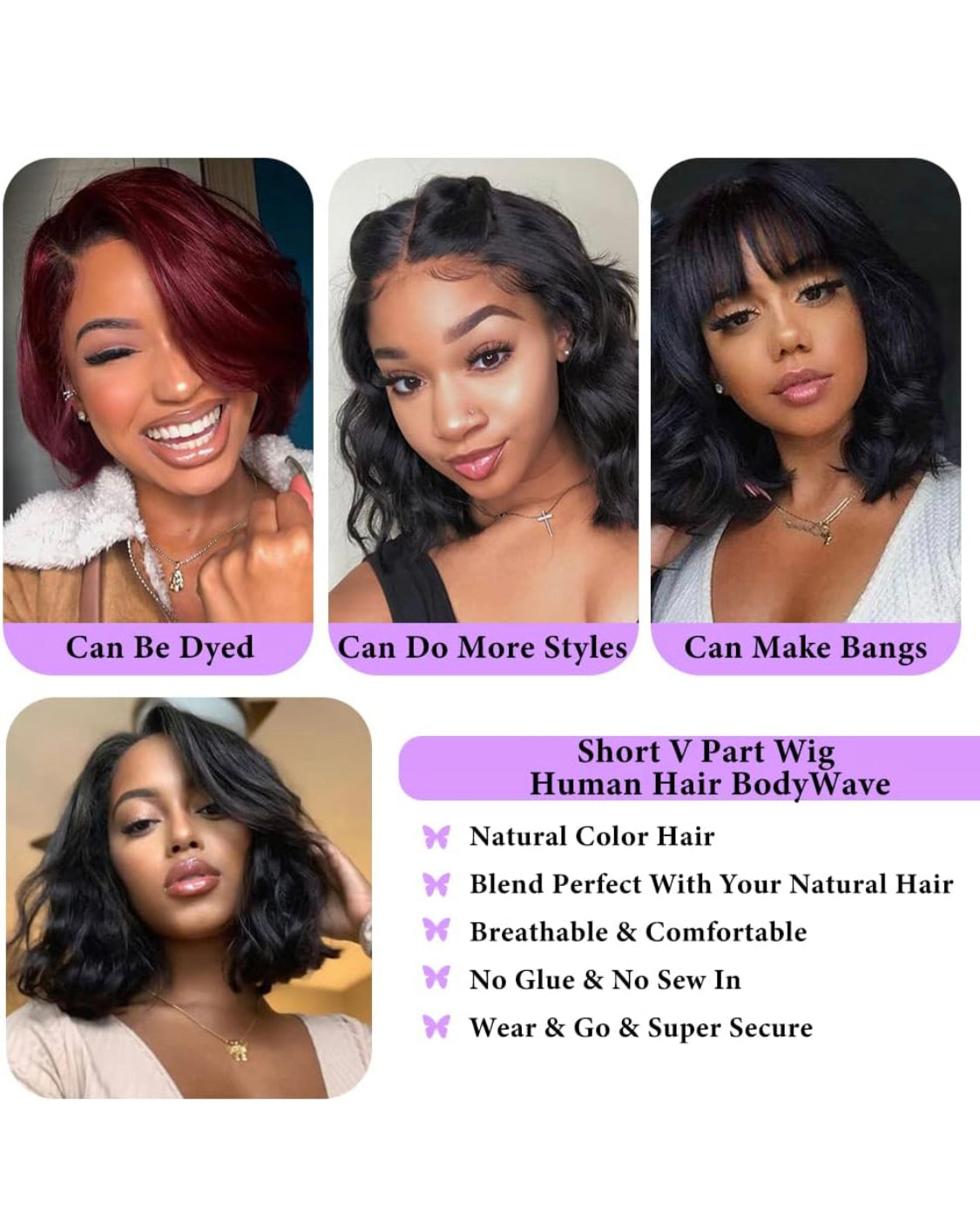 Lushlanes Body Wave V Part Short Brazilian Virgin Human Hair Wigs For Black Women Thin Part Wig Glueless Clip In Half Wig Upgrade U Part Wig Suitable For Beginners Seamless Glueless 150%