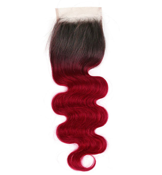 Lushlanes 1B/BURG Ombre vague de corps 4 paquets avec fermeture à lacets 4x4 cheveux humains pré-colorés