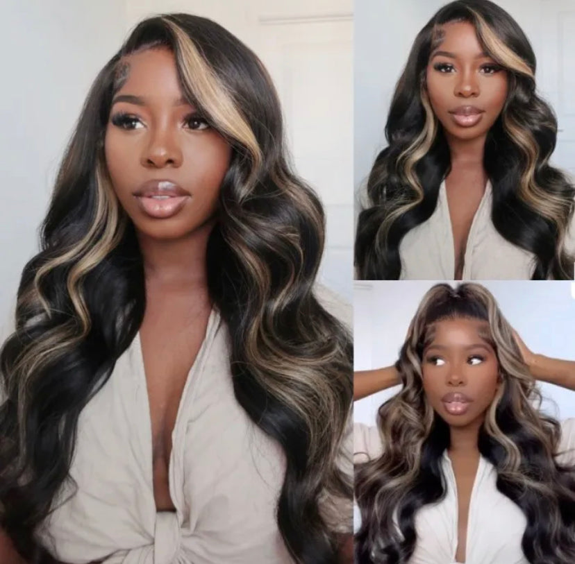 Lushlanes 13x4 Transparent Lace Front Peek A Boo Blonde HighlightsBody Wave Black Wig 150%