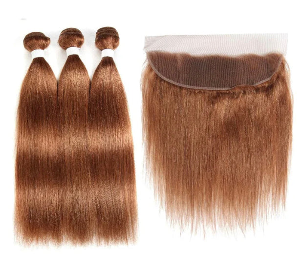 Lushlanes color #30 Straight Hair 3 Bundles With 13x4 Lace Frontal Pre Colored Ear To Ear