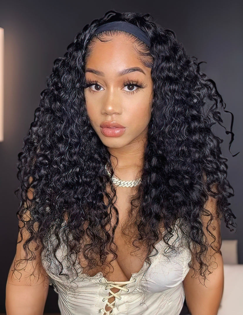 Lushlanes Headband Scarf Wig Water Wave Human Hair Wig No plucking wigs for women No Glue No Sew In More hairstyles Available 150%