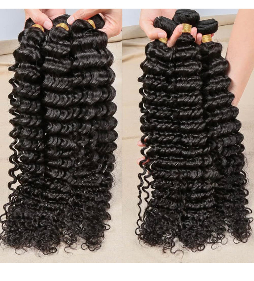 Lushlanes A Deep Wave Bundles Cheveux Humains Brésiliens Deep Wave Bouclés 3 Bundles Cheveux Humains Non Transformés Vierges Humides et Ondulés Bundles Double Trame Deep Wave HairBundles Naturel Noir