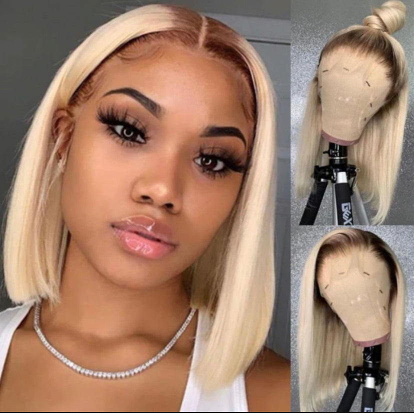 Lushlanes 613 Blonde With Brown Roots 13×4 Lace Front Straight bob Wig 180% Density