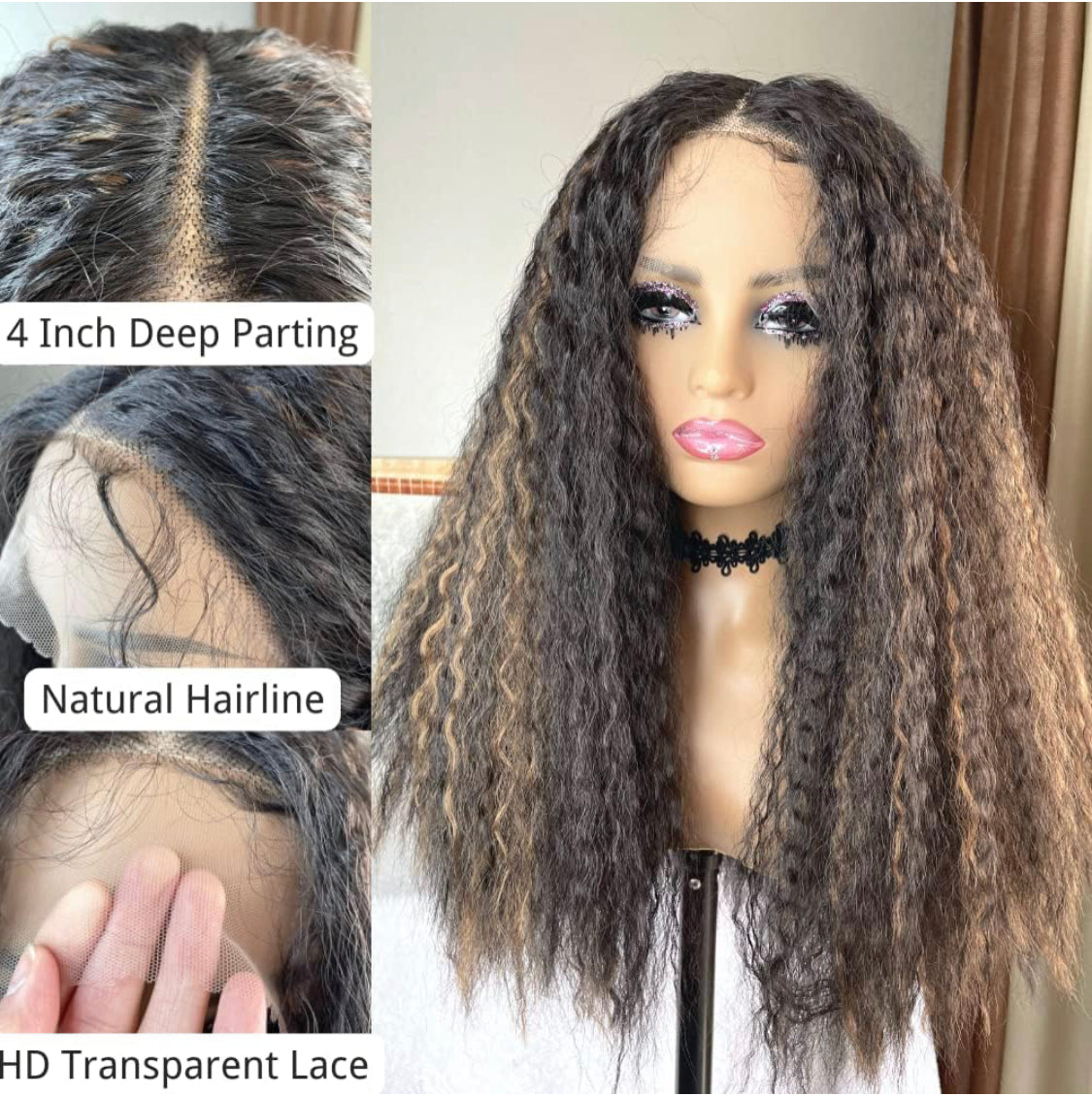 Lushlanes Straight Lace Front Wig 13x4x1 Middle Part Dark Brown Frontal Wig with Highlights F2/30 HD Kinky Straight Synthetic Wig with Pre Plucked Hairline Afro Wigs for Black Women