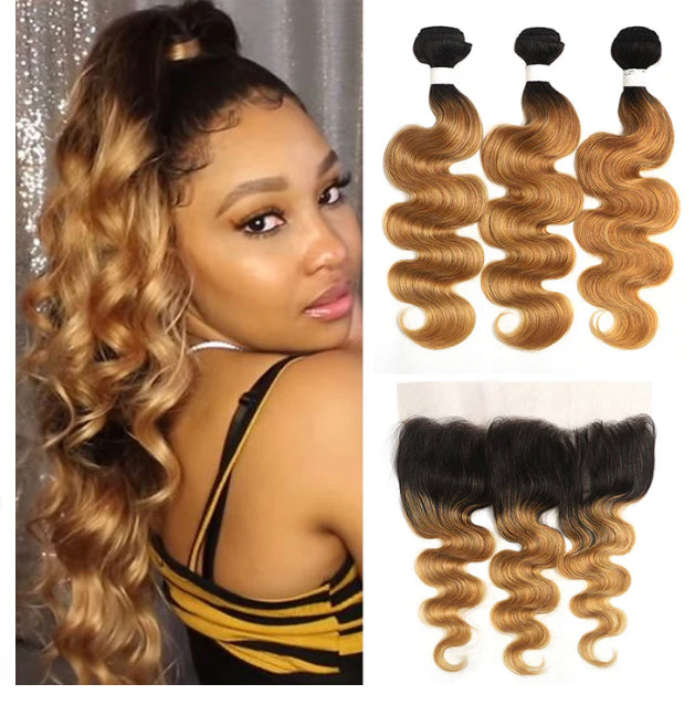 Lushlanes 1B/27 Ombre Body Wave 3 Bundles With 13×4 Lace Frontal Pre Colored