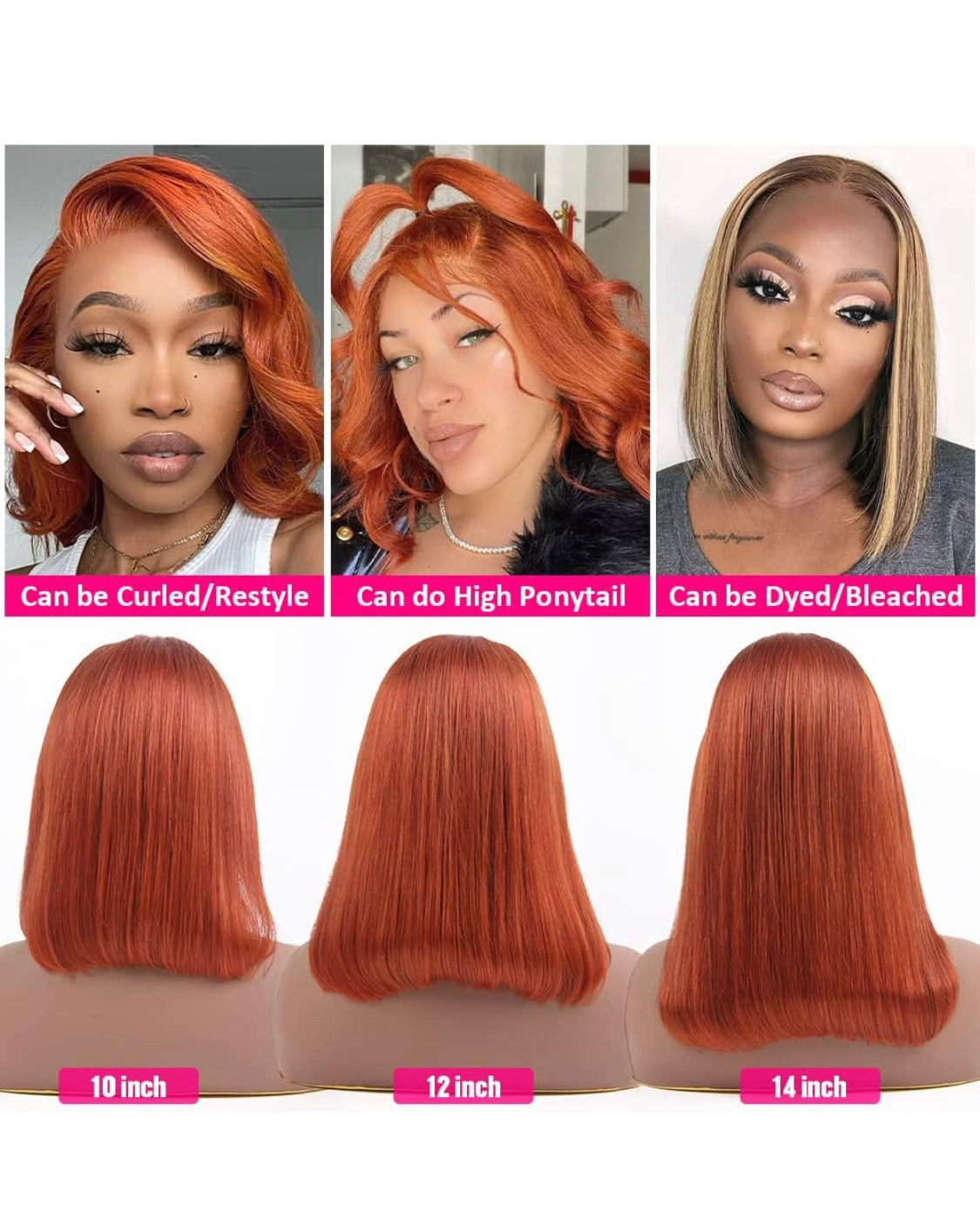 Lushlanes Ginger Orange Bob Human Hair Wig 13x4 HD Lace Front Human Hair Wigs Pre Plucked with Small Knots 350# Colored Lace Front Wigs Bob Straight Wigs for Black Women 150%