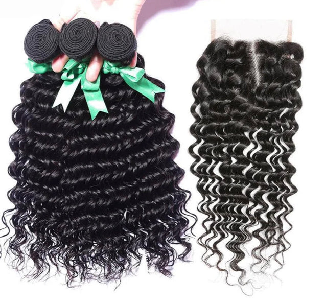 Lushlanes cheveux indiens vague profonde cheveux vierges 4 paquets avec fermeture en dentelle 4X4
