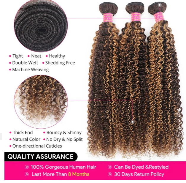 Lushlanes P4/27 Highlight Kinky Curly 3 Bundles
With 4X4 Lace Closure