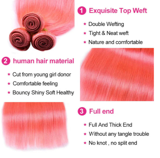 Lushlanes Light Pink Color Straight Hair 3 Bundles with 4x4 HD Lace Closure Human Hair Extensions