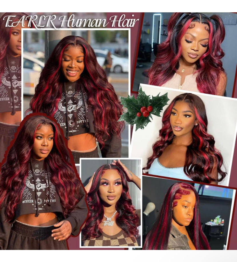 Lushlanes Red With Black Highlights Body Wave Lace Front Wig Human Hair 13X4 HD Lace Front Wig Burgundy Colored Body Wave Wigs Pre Plucked With Baby Hair 180% density
