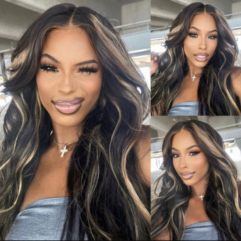 Lushlanes 13x4 Transparent Lace Front Peek A Boo Blonde HighlightsBody Wave Black Wig 150%