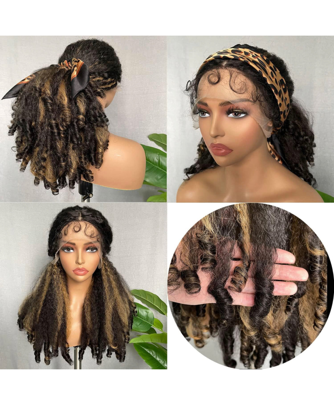 Lushlanes Afro Curly Lace Front Wig, Brown Synthetic Highlights, Kinky Straight with Curly Ends, Crimp to Curl T Part, Transparent Lace Front Wig for Black Women