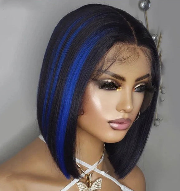 Lushlanes Highlight Blue 13x4 Lace Front Straight Bob Wig Humain Hair Transparent Lace Frontal Wigs For Black Women