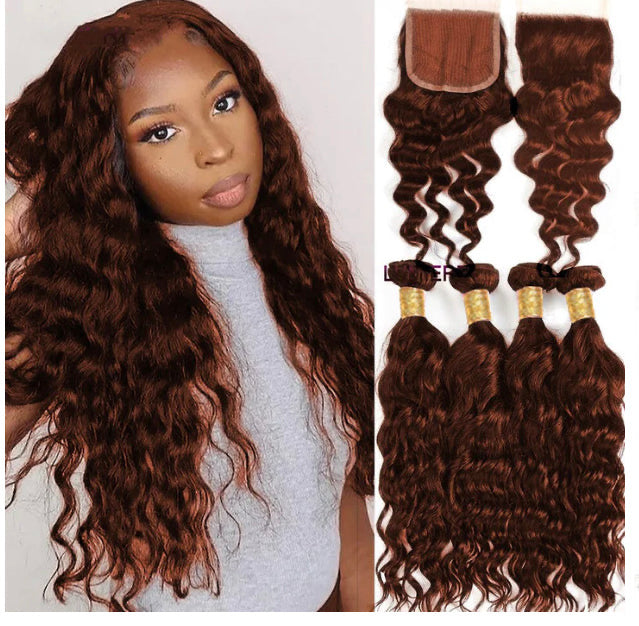 Lushlanes #33 Blonde Water Wave 4 Bundles with 4×4 closure with transparent lace