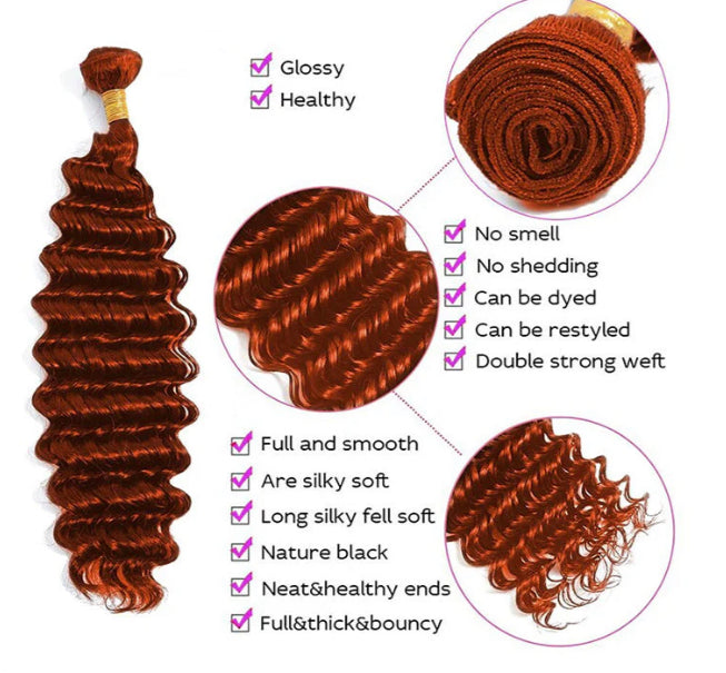 Lushlanes #350 Ginger Deep Wave 3 Bundles With 4x4 Lace Closure Human Hair