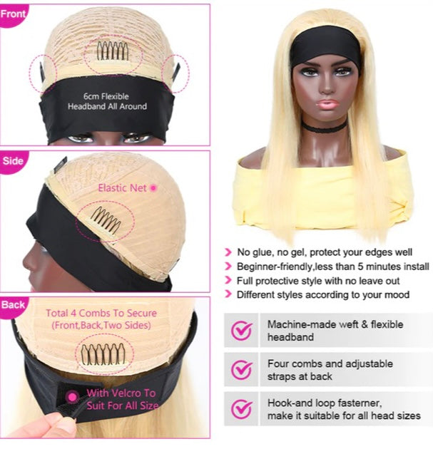 Lushlanes #613 Headband Water Wave Full Machine Made None Lace Wig Human Hair
