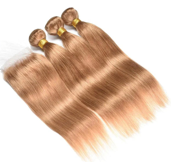 Lushlanes #27 light Brown Straight Hair 3 Bundles With Closure 4x4 pre Colored 100% virgin human hair