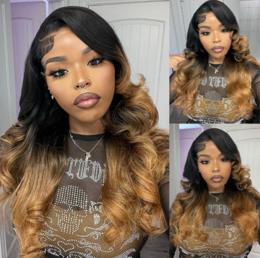 Lushlanes 13 × 4 Lace Front Toasted Caramel Ombre Body Wave Perruque
Aux racines sombres