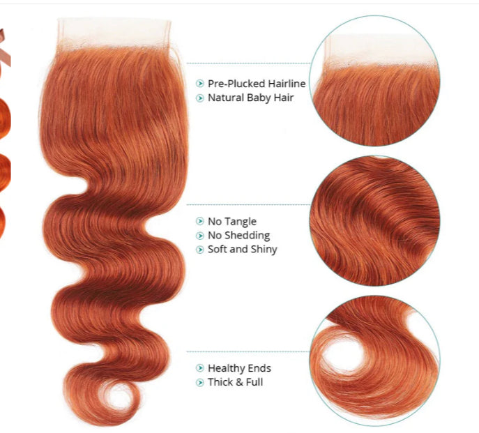 Lushlanes Ginger Orange #350 Body Wave 4
Bundles With 4X4 Lace Closure Brazilian 100% Human Hair