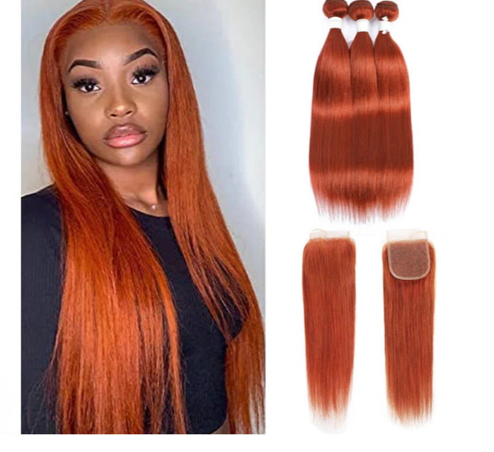 Lushlanes #350 Ginger Straight 3 Bundles With 4X4 Lace Closure Brazilian Human Hair