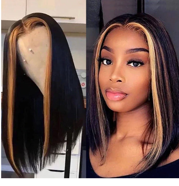 Lushlanes Honey Blonde Highlights Straight Short Bob 13×4 Lace Front Wig Natural Hairline