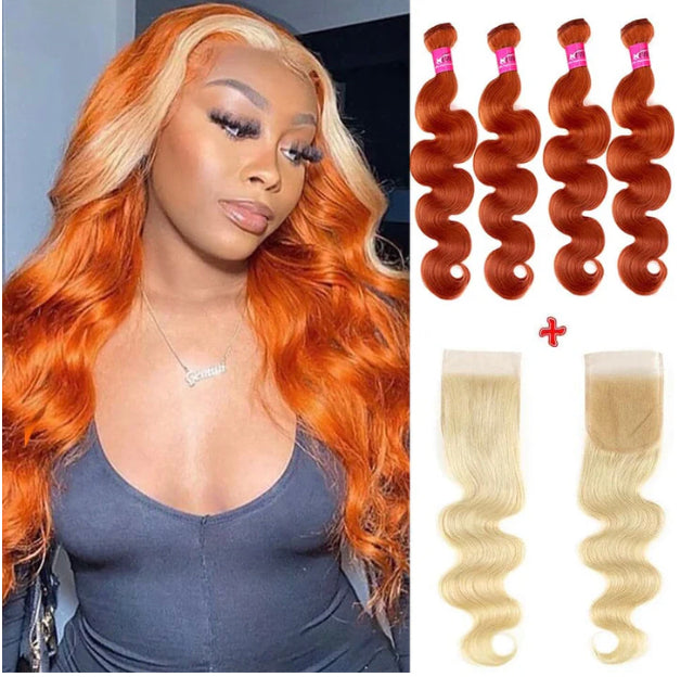 Lushlanes Body Wave Hair Bundles with Closure #350 Ginger Colored 4 Bundles With #613 Blonde 4x4 HD Lace Closure