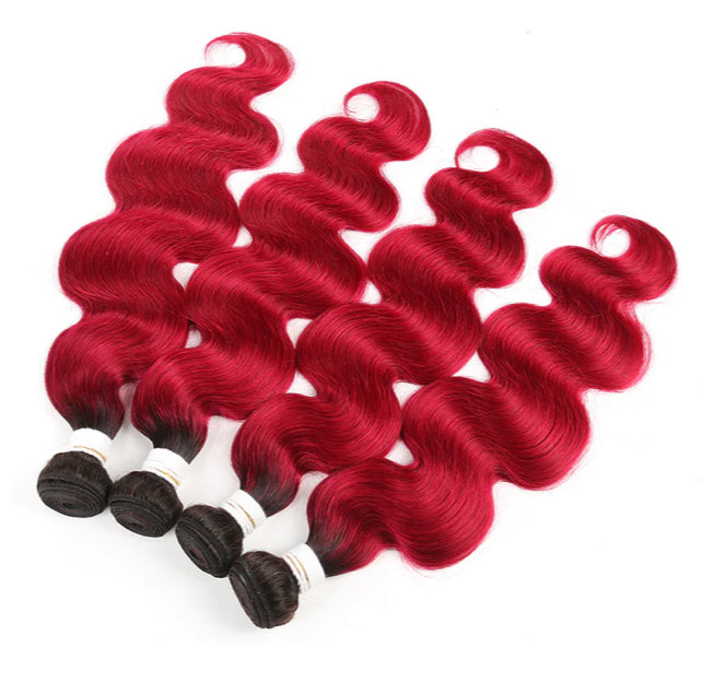 Lushlanes 1B/BURG Ombre vague de corps 4 paquets avec fermeture à lacets 4x4 cheveux humains pré-colorés