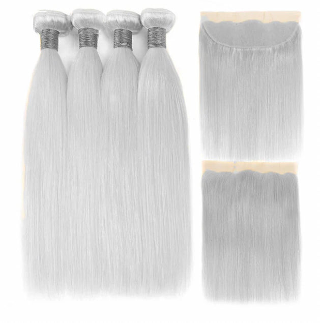 Lushlanes Silver Straight 4 Bundles With 13×4 Lace Frontal Brazilian Human Hair