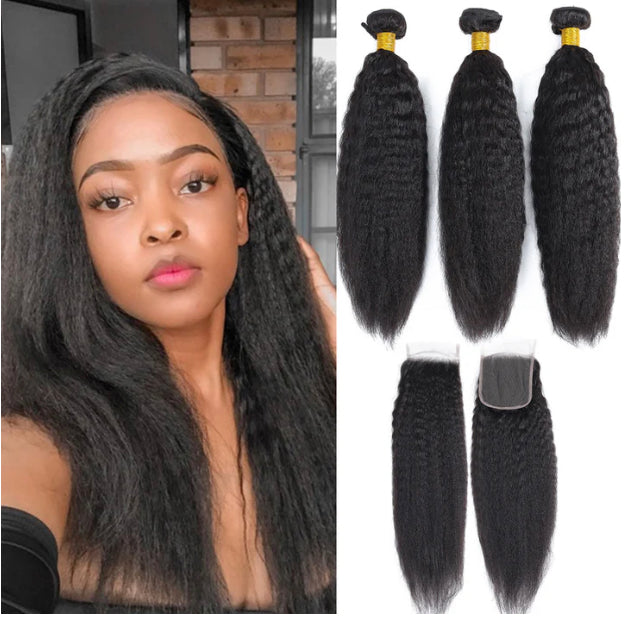 Lushlanes Kinky Straight 3 Bundles With 4×4 Lace Closure Human Hair
